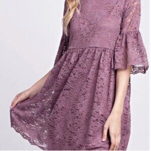 m t s Navy Blue Lace Stretch Bell Sleeve Lined Babydoll Dress Size M